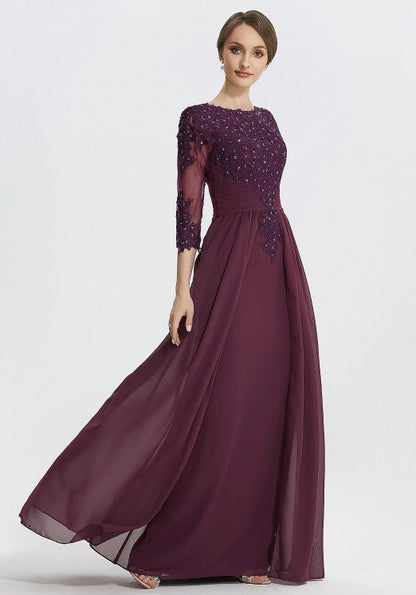A-Line Formal Mother of the Bride Wedding Guest Dress Elegant Jewel Chiffon Lace 3/4 Sleeve with Lace