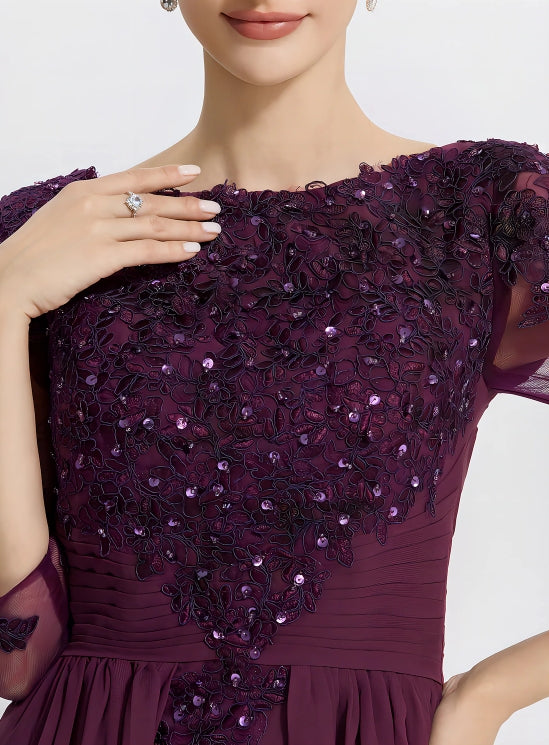 A-Line Formal Mother of the Bride Wedding Guest Dress Elegant Jewel Chiffon Lace 3/4 Sleeve with Lace