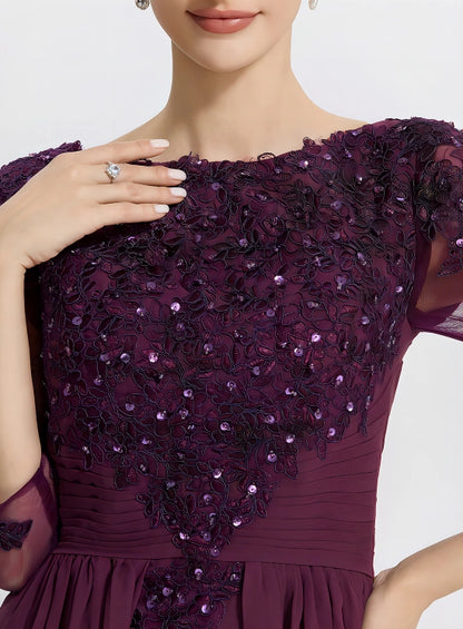 A-Line Formal Mother of the Bride Wedding Guest Dress Elegant Jewel Chiffon Lace 3/4 Sleeve with Lace