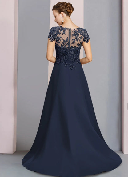 A-Line Mother of the Bride Dress Wedding Guest Round Neck Court Train Satin Lace Short Sleeve with Sequin Appliques