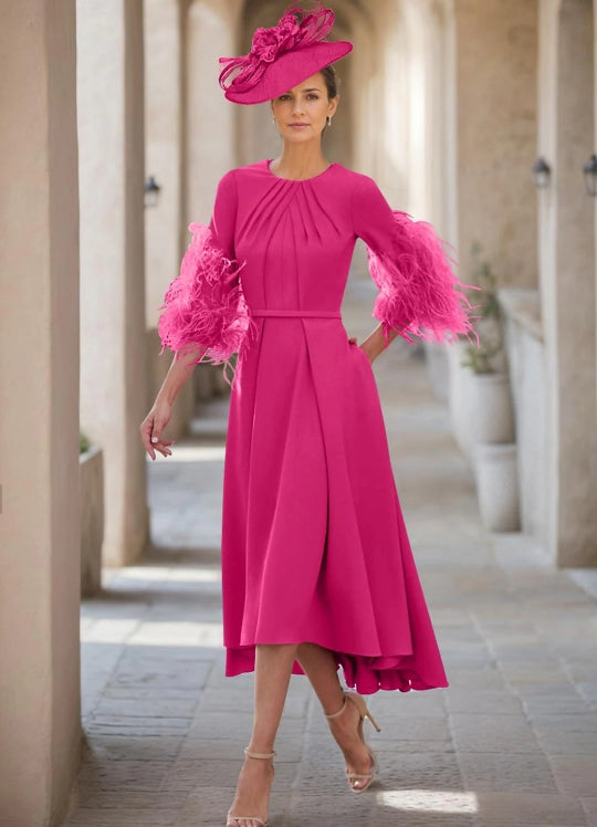 A-Line Mother of the Bride Wedding Guest Dress Jewel Half Sleeve with Feather