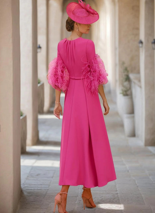 A-Line Mother of the Bride Wedding Guest Dress Jewel Half Sleeve with Feather