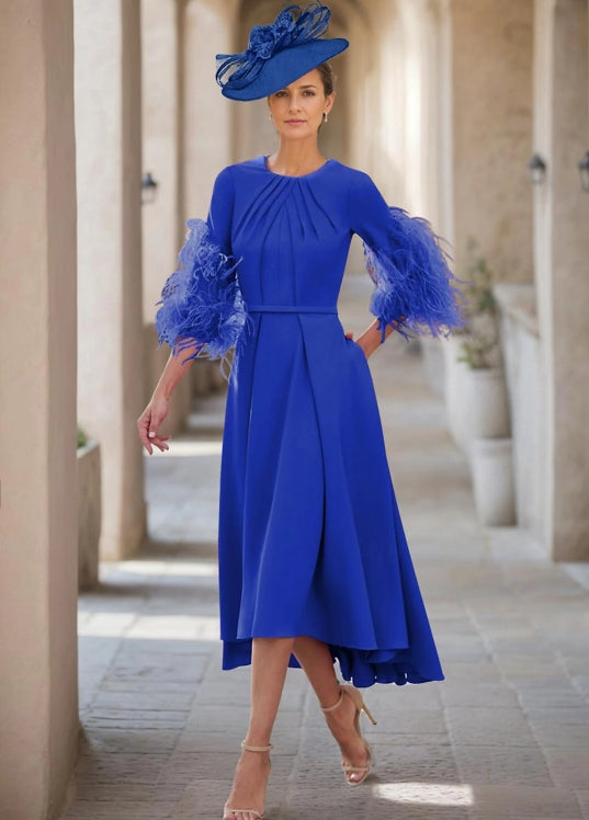 A-Line Mother of the Bride Wedding Guest Dress Jewel Half Sleeve with Feather