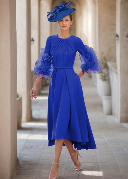 A-Line Mother of the Bride Wedding Guest Dress Jewel Half Sleeve with Feather