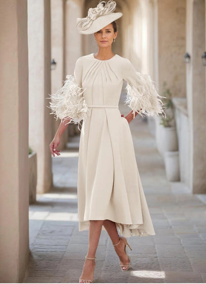 A-Line Mother of the Bride Wedding Guest Dress Jewel Half Sleeve with Feather