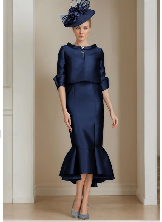 Mermaid / Trumpet Formal Mother of the Bride Dress Wedding Guest Elegant Jewel Neck Up Tea Satin Half Sleeve