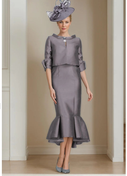Mermaid / Trumpet Formal Mother of the Bride Dress Wedding Guest Elegant Jewel Neck Up Tea Satin Half Sleeve