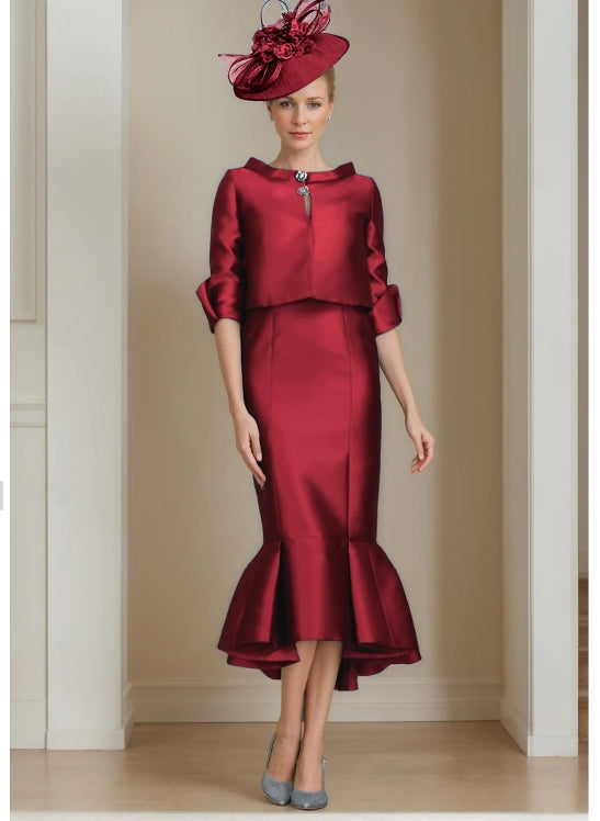 Mermaid / Trumpet Formal Mother of the Bride Dress Wedding Guest Elegant Jewel Neck Up Tea Satin Half Sleeve