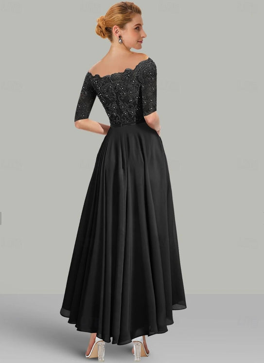 A-Line Elegant Mother of the Bride Dress Off-the-Shoulder Asymmetrical Chiffon Lace Half Sleeve with Lace