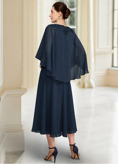 A-Line Mother of the Bride Dress V-Neck Chiffon 3/4 Sleeve with Lace