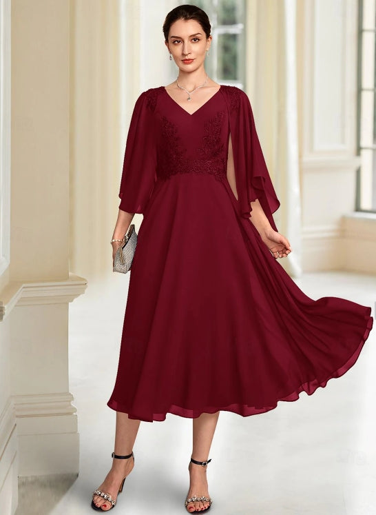 A-Line Mother of the Bride Dress V-Neck Chiffon 3/4 Sleeve with Lace