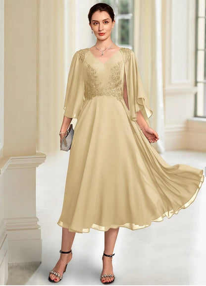 A-Line Mother of the Bride Dress V-Neck Chiffon 3/4 Sleeve with Lace