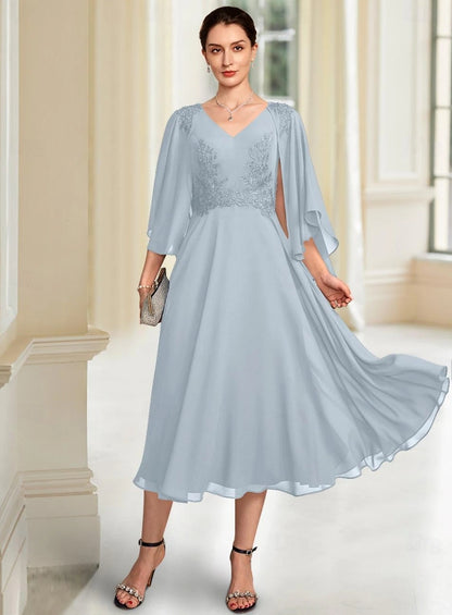 A-Line Mother of the Bride Dress V-Neck Chiffon 3/4 Sleeve with Lace