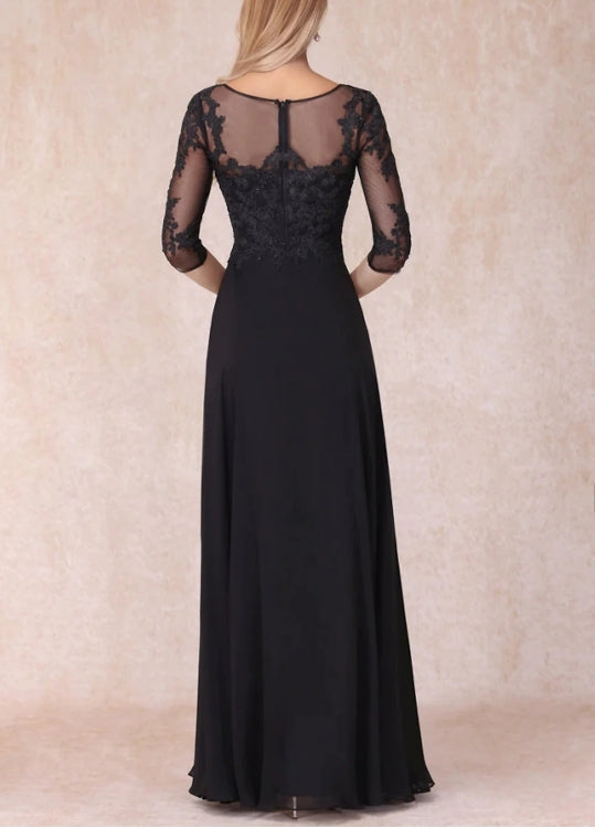 A-Line Mother of the Bride Wedding Guest Dress Elegant V-Neck Floor Length Chiffon Lace 3/4 Sleeve with Ruching