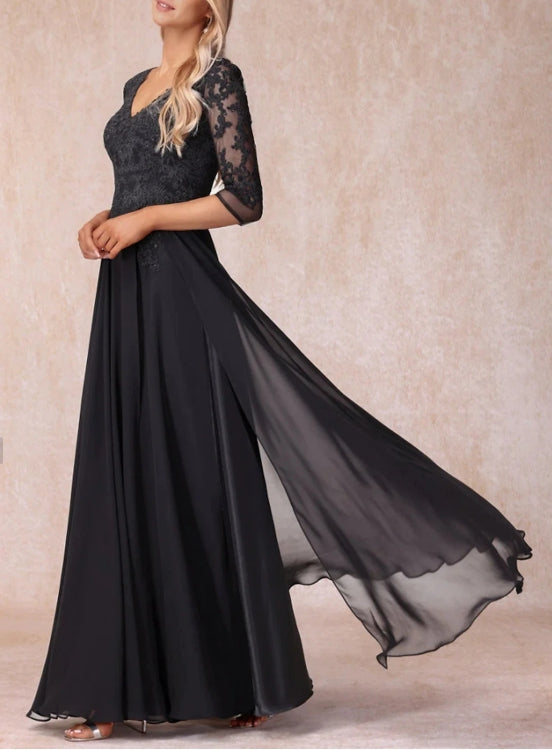A-Line Mother of the Bride Wedding Guest Dress Elegant V-Neck Floor Length Chiffon Lace 3/4 Sleeve with Ruching