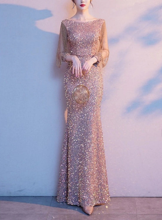 Sheath / Column Mother of the Bride Dress Glitter Jewel Floor Length Sequins 3/4 Sleeve
