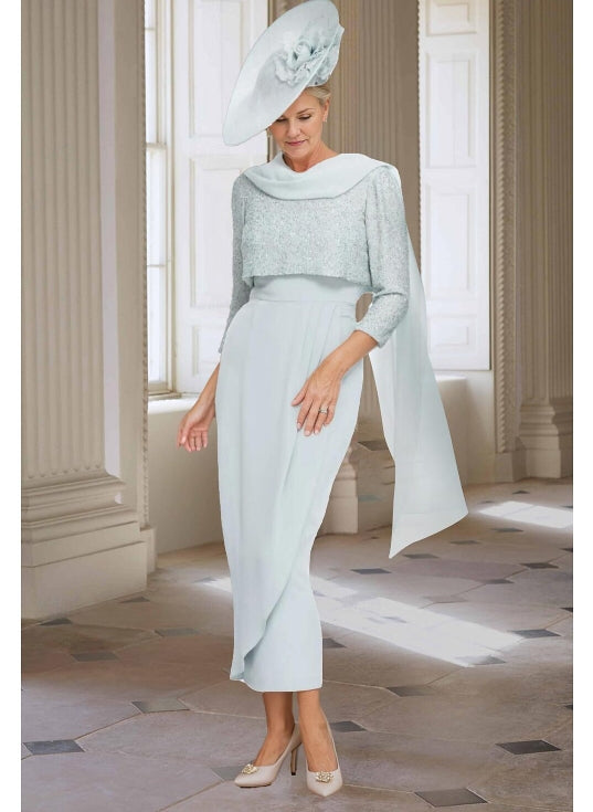 Sheath / Column Mother of the Bride Dress Elegant Jewel Chiffon 3/4 Sleeve