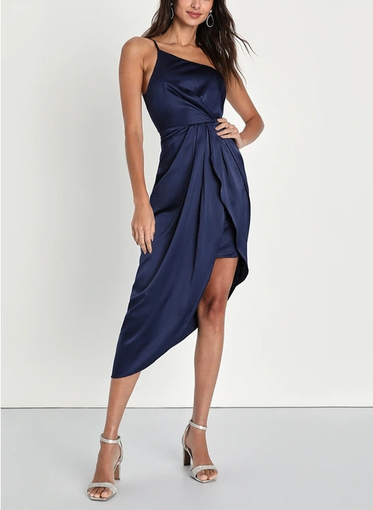 Navy Blue One-Shoulder Ruched Asymmetrical Midi Dress Cocktail Dresses