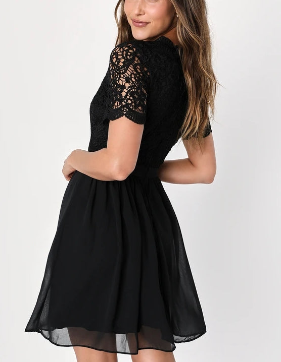 A-Line Black Lace Dress Short Sleeves Midi Dress Cocktail Dresses