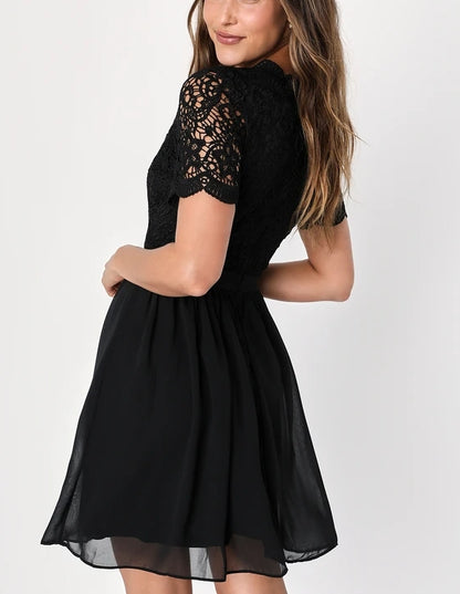 A-Line Black Lace Dress Short Sleeves Midi Dress Cocktail Dresses