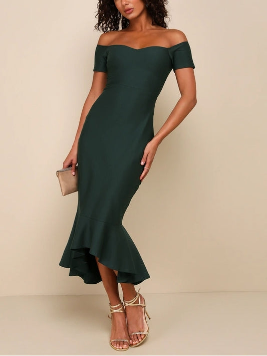 Mermaid Dark Green Off-the-Shoulder Midi Dress Cocktail Dresses