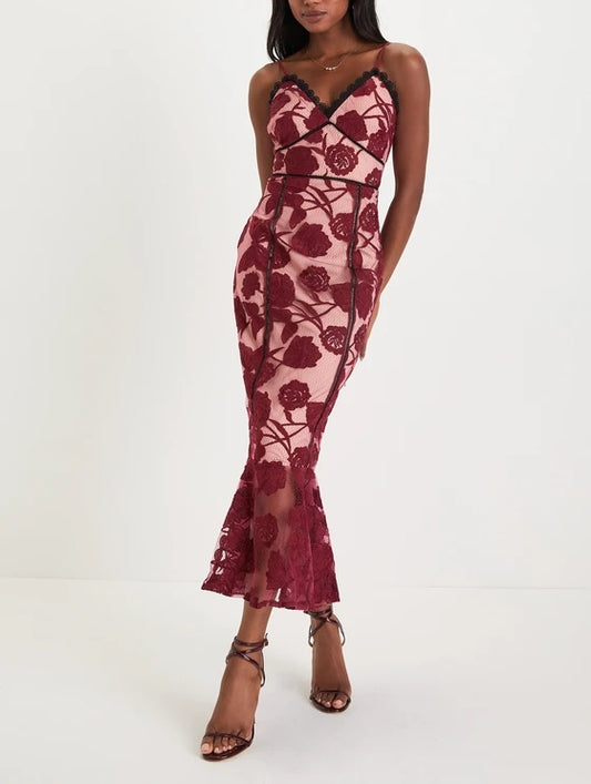 Mermaid Burgundy Floral Mesh Lace Trumpet Midi Dress Cocktail Dresses