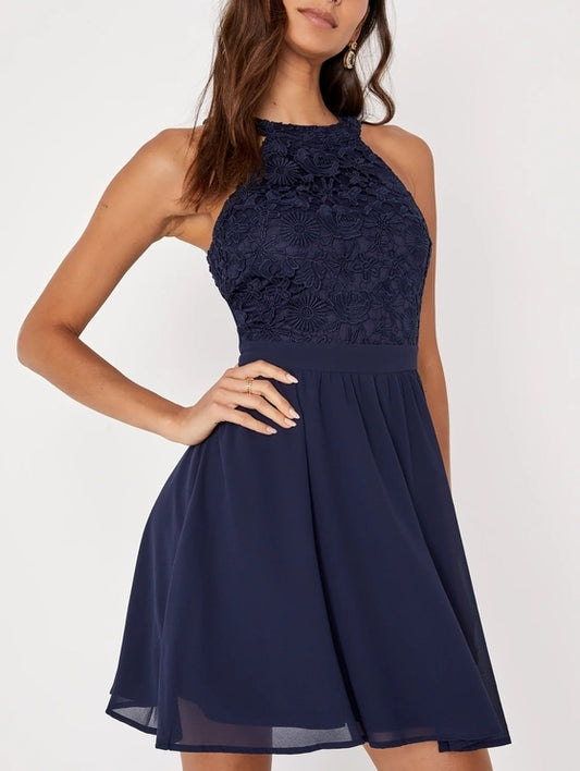 Navy Blue Lace Skater Dress Halterneck A-Line Cocktail Dresses