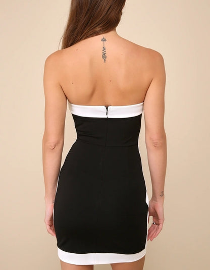 Black Color Block Strapless Mini Dress Bodycon Short  Cocktail Dresses
