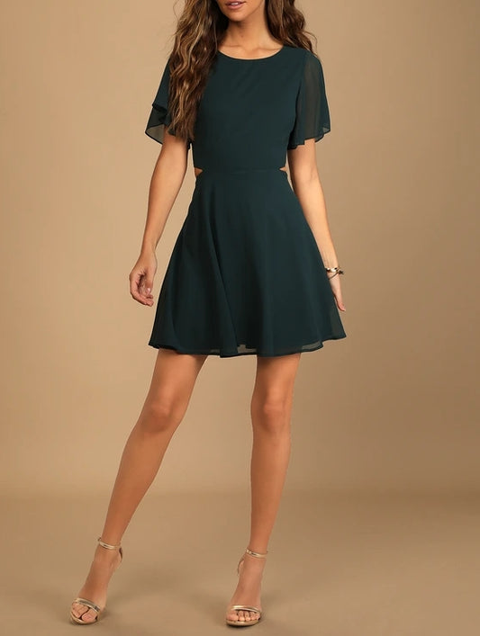 Dark Green Cutout Mini Dress Chiffon Half Sleeve Cute A-Line Cocktail Dresses