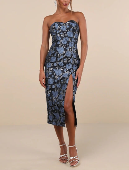 Jacquard Strapless Bodycon Cutout Bow Midi Dress Cocktail Dresses With Slit