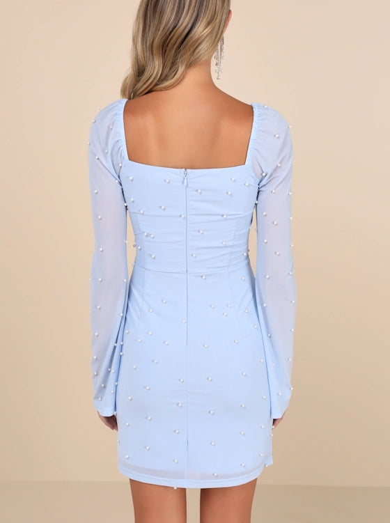 Light Blue Backless Lace Dress Backless Bodycon Square Neckline Cocktail Dresses
