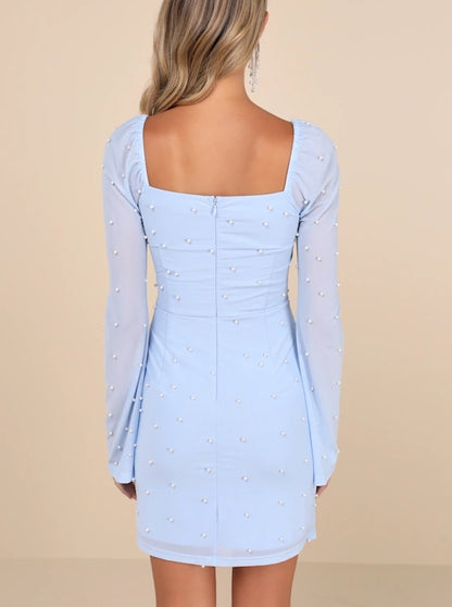 Light Blue Backless Lace Dress Backless Bodycon Square Neckline Cocktail Dresses