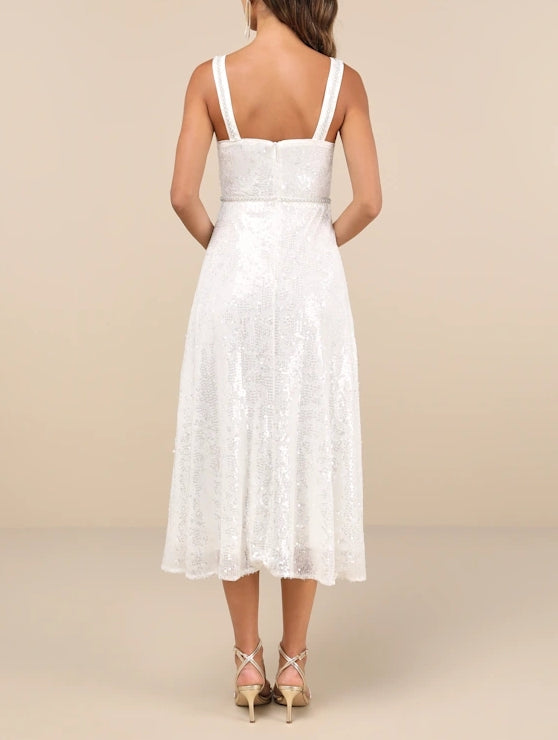 White Sequin Pearl Bustier A-Line Midi Dress Cocktail Dresses