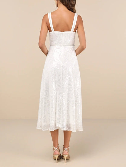 White Sequin Pearl Bustier A-Line Midi Dress Cocktail Dresses