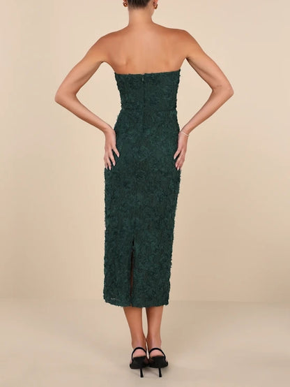 Emerald Floral Applique Strapless Bodycon Midi Dress Cocktail Dresses