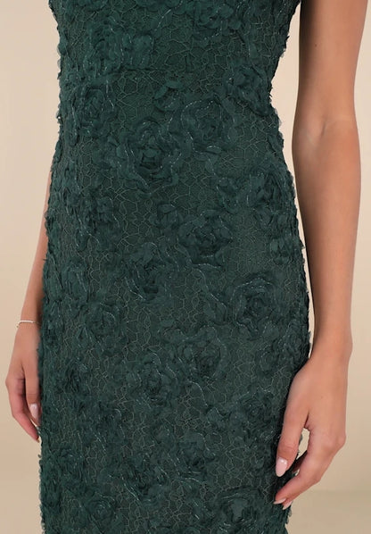 Emerald Floral Applique Strapless Bodycon Midi Dress Cocktail Dresses