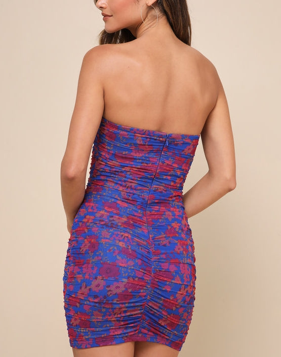 Flirt Blue Floral Mesh Jacquard Strapless Ruched Bodycon Mini Dress Cocktail Dresses