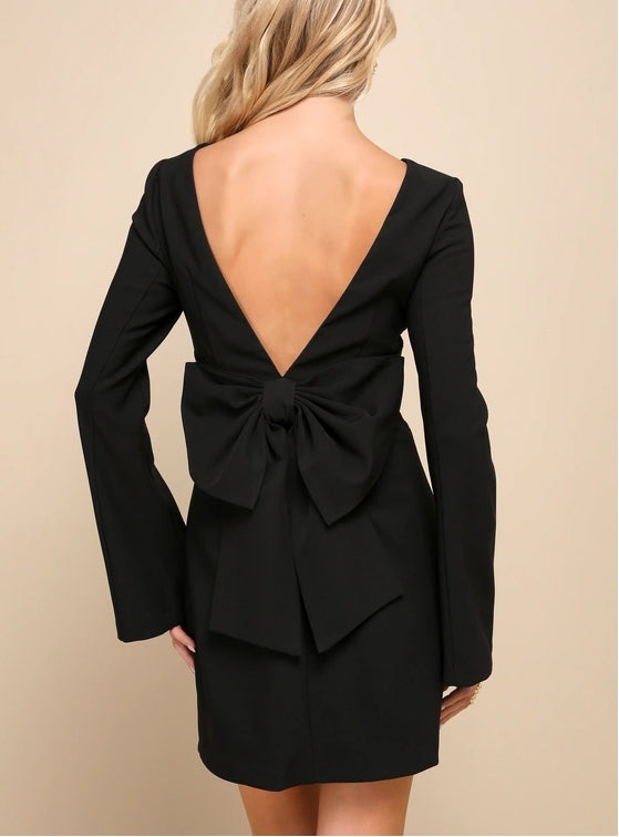 Black Bow Long Sleeve Backless Mini Dress Cocktail Dresses
