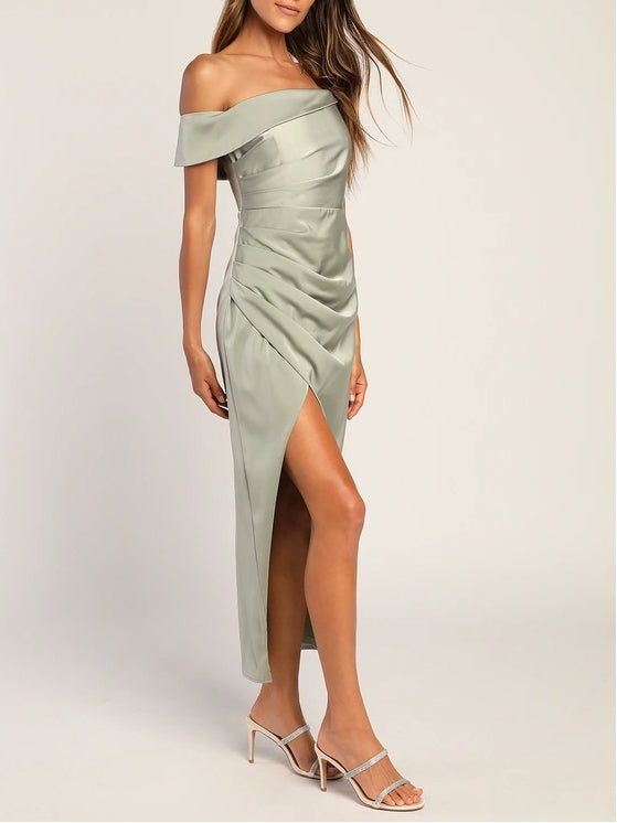 Sage Green Asymmetrical Tulip Midi Dress Ruched Cocktail Dresses
