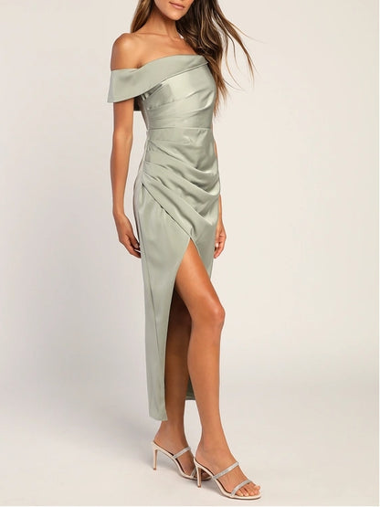Sage Green Asymmetrical Tulip Midi Dress Ruched Cocktail Dresses