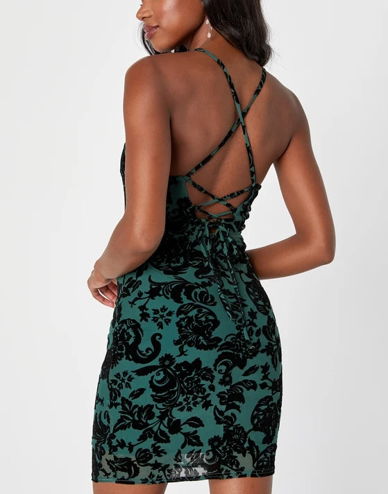 Spaghetti Strap Green Velvet Floral Mini Homecoming Dress Cocktail Dresses
