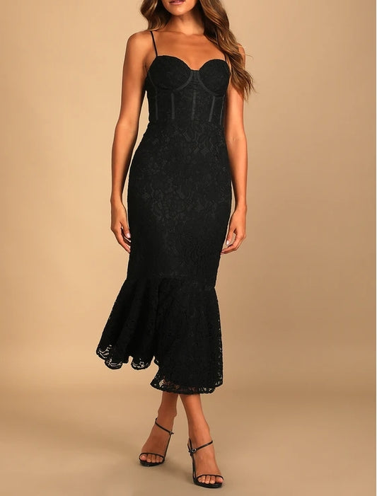 Spaghetti Strap Corset Black Lace Sleeveless Trumpet Midi Dress Cocktail Dresses