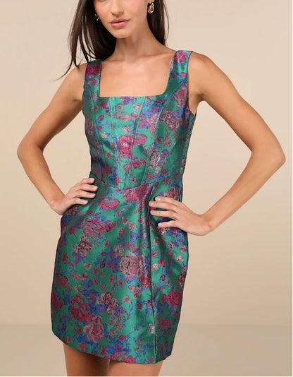 Green Floral Jacquard Lurex Bustier Short/Mini Dress Cocktail Dresses