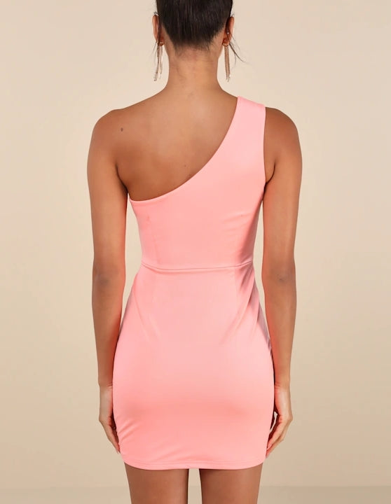 Coral Pink One-Shoulde Bodycon Mini Dress Cocktail Dresses