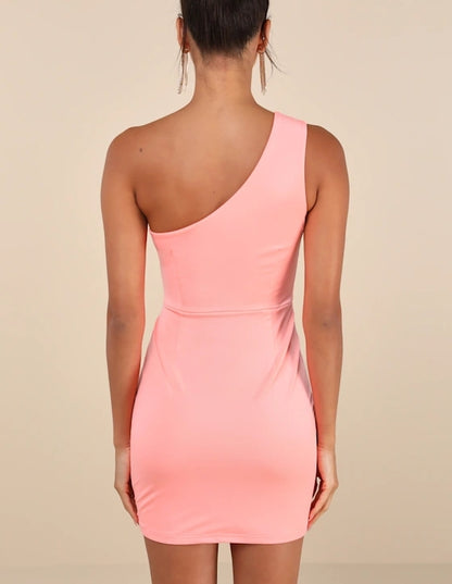 Coral Pink One-Shoulde Bodycon Mini Dress Cocktail Dresses