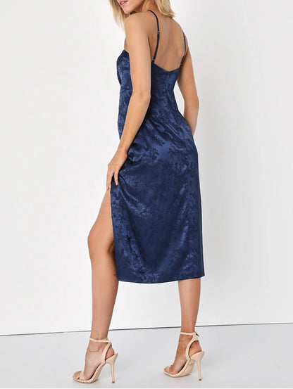 Navy Blue Satin Jacquard Halter Neck Midi Dress Cocktail Dresses With Slit