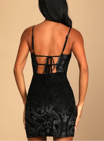 Black Sparkly Tie-Back Bodycon Mini Dress Spaghetti Strap Cocktail Dresses
