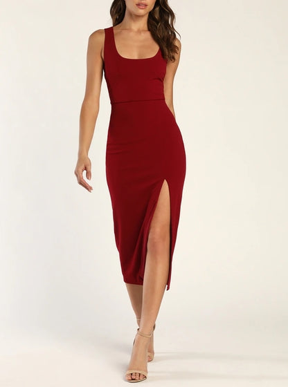 Wine Red Cutout Bodycon Midi Dress Cocktail Dresses With Slit