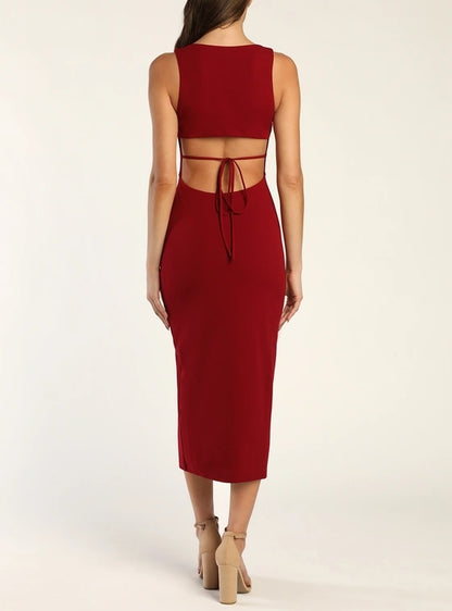 Wine Red Cutout Bodycon Midi Dress Cocktail Dresses With Slit