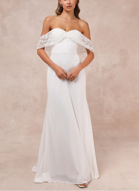 White Embroidered Off-the-Shoulder Maxi Bride Gown Chapel Train Wedding Dress